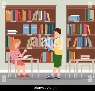 Kids services flat composition with children in library vector illustration Stock Vector