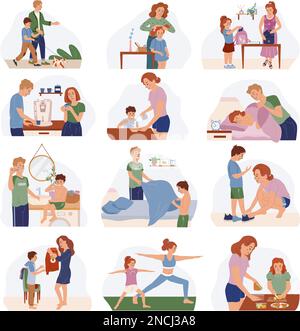 Family morning routine flat icons set with kids and adults preparing to work and school isolated vector illustration Stock Vector