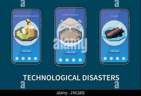 Natural and technological disaster isometric mobile app templates isolated vector illustration Stock Vector