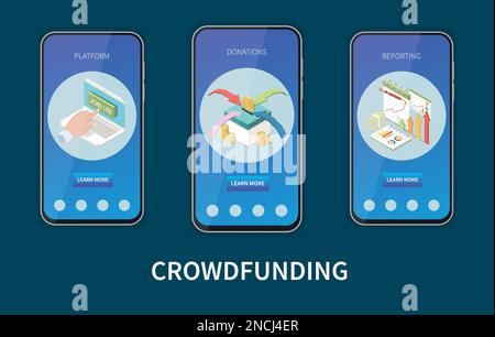 Crowdfunding isometric set with fundraising mobile app templates isolated vector illustration Stock Vector