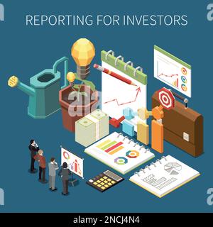 Crowdfunding and fundraising isometric concept with investor financial reports vector illustration Stock Vector