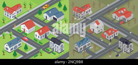 Isometric ruined city before and after compositions set with outdoor view of populated and abandoned district vector illustration Stock Vector