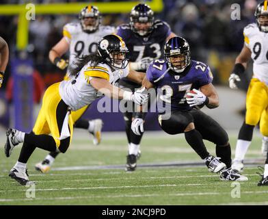 Pittsburgh Steelers Strong Safety Troy Polamalu (43) tackles Miami Dolphins  Tight End Randy McMichael (81) during a second quarter downpour on  September 26, 2004 at Pro Player Stadium in Miami, Fl. The