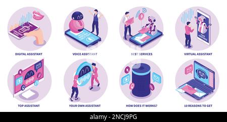 Isolated round compositions with voice activated digital devices so as home adviser smart speaker virtual robot assistant isometric vector illustratio Stock Vector