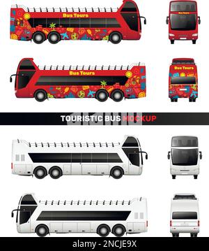 Bus mockup realistic set of isolated images with various angle views of touristic and sightseeing buses vector illustration Stock Vector