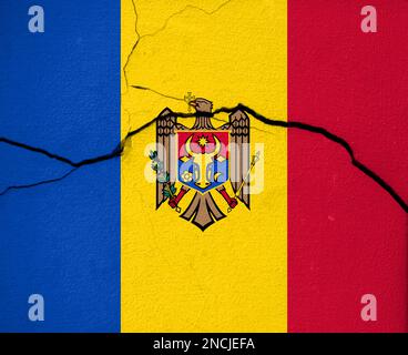 Earthquakes in Moldova, flag Moldova a wall with cracks from an earthquake Stock Photo