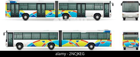 Articulated bus realistic set with city transport symbols isolated vector illustration Stock Vector