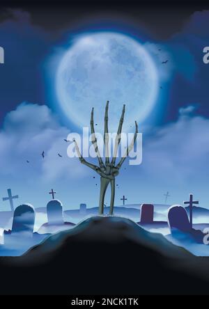 Halloween landscape realistic vertical composition with nocturnal cemetery scenery and skeleton hand raising from the ground vector illustration Stock Vector
