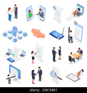 Contract agreement isometric set of isolated icons with human characters paper signatures verification signs and gadgets vector illustration Stock Vector