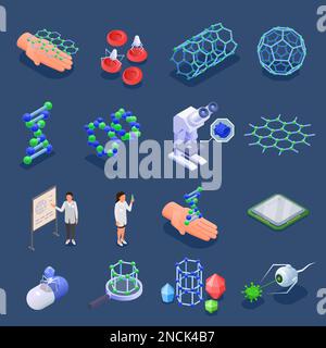 Nanotech isometric set with isolated icons of molecular grid structures atoms microprocessor and characters of scientists vector illustration Stock Vector