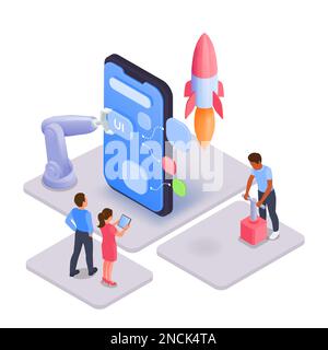 Mobile app development isometric composition with human characters robotic arm and smartphone on platforms with rocket vector illustration Stock Vector
