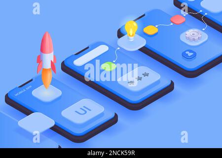 Mobile app development isometric background with composition of smartphone screens with 3d app icons and connections vector illustration Stock Vector