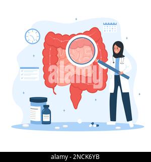 Proctologist concept. Female doctor with magnifier examine intestine. Arabic woman in lab coat analysis perianal area. Medical check up. Vector Stock Vector