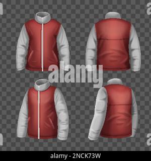 Two color winter jacket mockup front and back views realistic set on transparent background isolated vector illustration Stock Vector