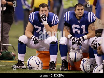 Indianapolis Colts quarterback Peyton Manning (18) talks with Jamey Richard  (61) and Jeff Saturday (63) during the third quarter of an NFL football  game against the Houston Texans Sunday, Sept. 12, 2010