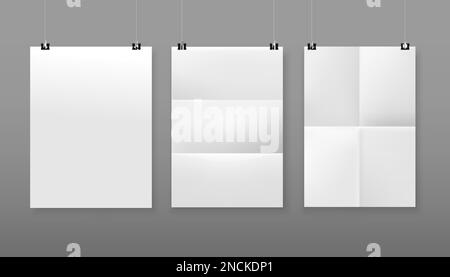 Blank white paper isolated posters in a4 portrait format hanging on rope with clips on grey background vector illustration Stock Vector