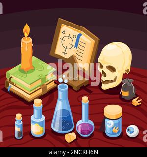 Alchemy magical tools with skull old books candle flasks isometric background 3d vector illustration Stock Vector