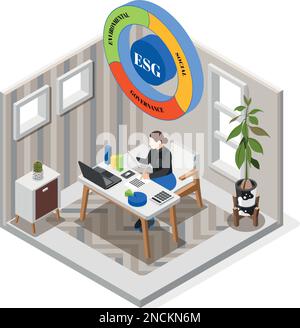 Isometric concept of esg environmental social governance with company manager working in office 3d vector illustration Stock Vector