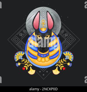Anubis composition with avatar style image of egyptian god with dogs head flowers and geometrical ornaments vector illustration Stock Vector