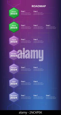 Vertical roadmap with hexagon stages on purple blue background. Timeline infographic template for business presentation. Vector illustration. Stock Vector