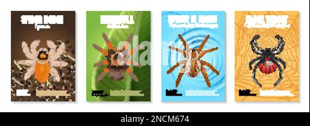 Four vertical realistic spiders poster set with spider horse tarantula black widow vector illustration Stock Vector
