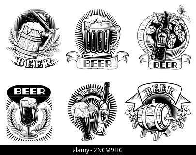 Beer icons or badges, set vector illustrations. Beer labels with bottles and mugs with foaming alcohol drink, wooden barrel, wheat ears and hop cones isolated on white background Stock Vector