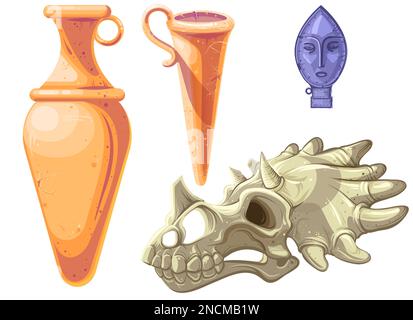 Archaeological and paleontological finds cartoon vector illustration. Ancient ceramic vases or amphorae, fossil dinosaur skeleton, triceratops skull and metal arrowhead or spear top, isolated on white Stock Vector