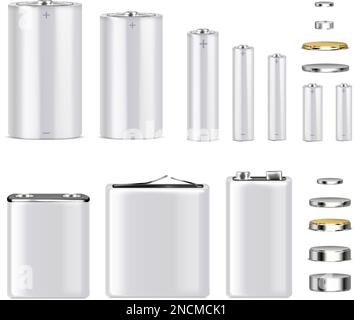 Lithium salt or alkaline batteries of different sizes realistic set isolated on white background vector illustration Stock Vector