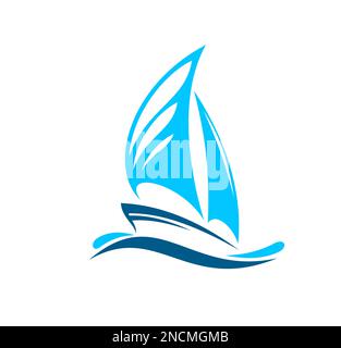 Yacht boat icon, isolated vector emblem with blue nautical ship with sails on sea waves. Label for sailing sport club, marine travel, ocean sailboat tourism, water transportation vessel sign Stock Vector