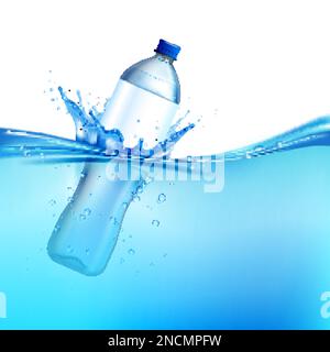 Plastic bottle splash in blue water realistic vector illustration Stock Vector