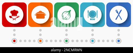 Food vector icons, kitchen and cooking flat design web buttons collection, business concept infographic template Stock Vector