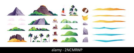 Beach island elements. Tropical landscape constructor with mountains hills palm trees stones, nature environment and recreation concept. Vector set. Land, sand with sea or ocean water Stock Vector