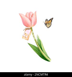 Watercolour white tulip in full blossom with a heart tag and a flying butterfly. Tender expertly made isolated flower on a white background.  Stock Photo