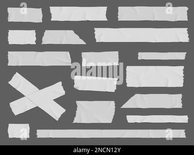 White adhesive or duct tape crumpled stripes. Realistic 3d vector scotch patches, sticky paper strips. Isolated plaster masking pieces with torn edges, ripped wrinkled band for package wrap Stock Vector