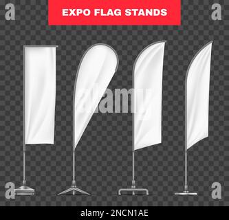 Blank white expo flags of different shapes on metal stands realistic set isolated on transparent background vector illustration Stock Vector
