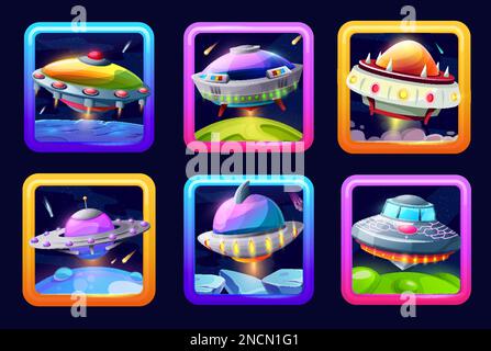 Cartoon ufo space game app icons. Vector alien saucers ui or gui menu elements for application interface. Futuristic fantasy cosmic engines inside of square frames, galaxy buttons set Stock Vector