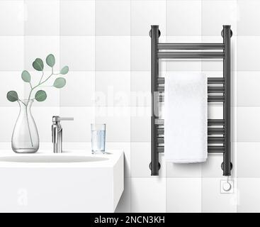 Bathroom realistic interior with modern electric black heated rail with white towel next to sink vector illustration Stock Vector