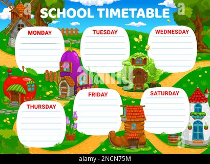 Weekly timetable schedule with cartoon fairy and elf village houses ...