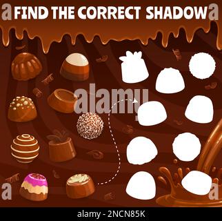 Find the correct shadow of chocolate praline and fudge candy. Souffle, truffle and jelly, hazelnut bonbons. Shadow match children quiz, similarity search puzzle vector worksheet with chocolate candies Stock Vector