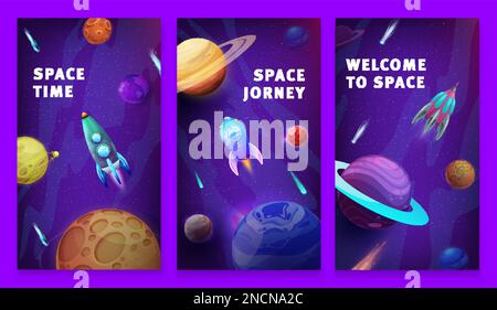 Cartoon space posters, starships in starry galaxy landscape. Vector futuristic shuttles, cosmic engines or spacecrafts travel in universe with alien planets, stars and asteroids. Exploration mission Stock Vector