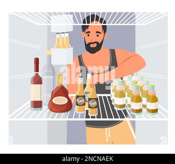 Man taking beer from opened refrigerator vector Stock Vector