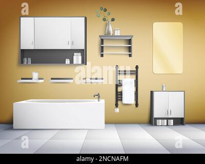 Realistic modern bathroom interior in minimalist style with bath cabinets mirror electric heated towel rails on yellow wall background vector illustra Stock Vector