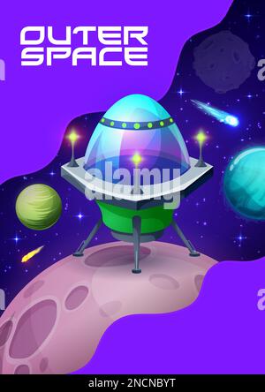 Space poster with ufo saucer on planet surface. Vector alien starship stand on moon with craters in starry galaxy landscape. Galaxy exploration mission, futuristic engine or shuttle travel in Universe Stock Vector