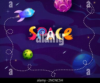 Cartoon space background, rocket and stars. Vector rocket flying in galaxy or Universe. Shuttle and creative childish typography in blue starry sky. Cosmos exploration, investigation childish theme Stock Vector