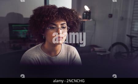 Web design, coding and woman reading on a computer for website software, it and planning. Designer, database and worker with a pc for programming Stock Photo