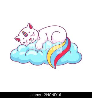 Cute funny cartoon caticorn sleeping on cloud. Kawaii creature, fairy caticorn or magic kitten funny vector personage. Magical unicorn cat character with horn and rainbow tail Stock Vector