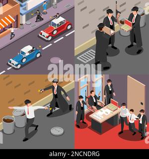 Mafia isometric 2x2 design concept set with street gangsters drug trafficking big boss square compositions 3d vector illustration Stock Vector