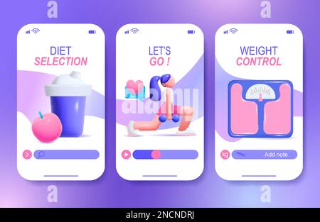 Fitness weight control diet selection vertical mobile web banners set isolated on gradient background cartoon vector illustration Stock Vector