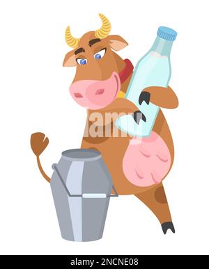 Happy smiling cute cow holding milk bottle vector Stock Vector