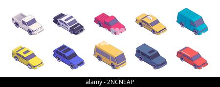 Isometric city traffic. Modern cars, different models of urban transport vehicle abstract flat style, automotive transportation concept. Vector set. Public bus, police, yellow cab and minivan Stock Vector
